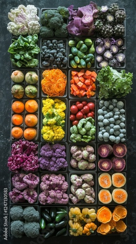Colorful assortment of fresh vegetables and fruits arranged perfectly on a da...