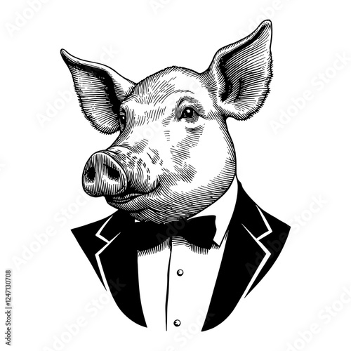 Pig in Tuxedo Engraving Black and White Outline Line Art Drawing Illustration Detailed Close Up