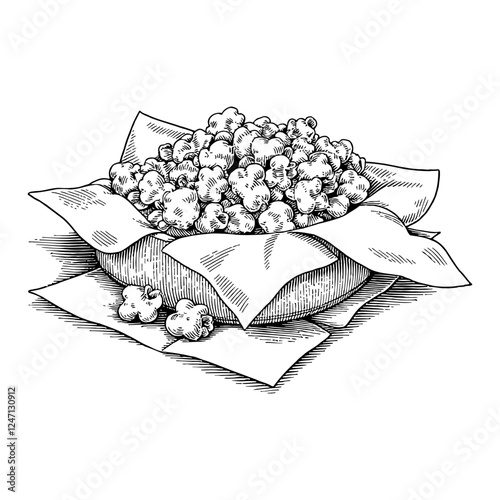 Popcorn in a Bowl on Paper Packages Black and White Outline Line Art Drawing Illustration
