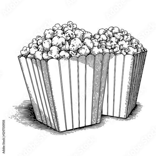 Two Buckets of Popcorn in Black and White Detailed Outline Line Art Drawing