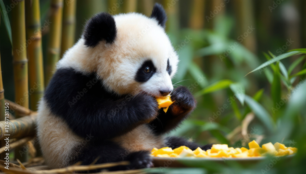 Fototapeta premium baby-panda-eating-food-in-the-bamboo-garden