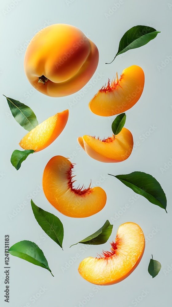 Obraz premium Sliced ​​Fruits, Vegetables and Greens Floating with Water Drops, Abstract Image, Texture, Pattern Background, Wallpaper, Cover and Screen for Smartphone, PC, Laptop, 9:16 and 16:9 Format