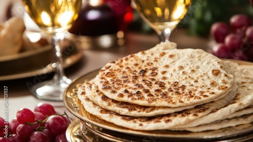 Delicious flatbreads and grapes with wine on a decorative plate Erev Purim photo