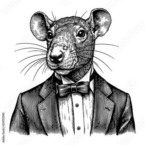 Rat Humanoid in Tuxedo Detailed Engraving Black and White Outline Line Art Drawing Isolated