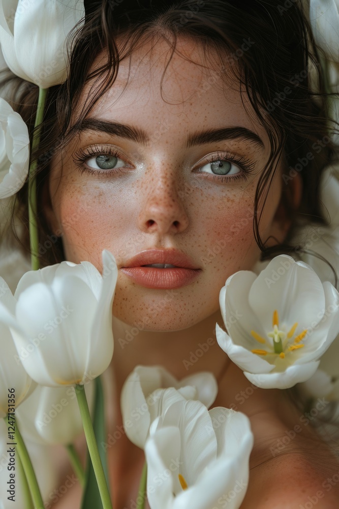 Φωτογραφία Young caucasian female with freckles surrounded by white tulips