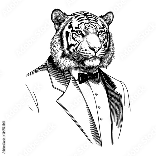 Tiger Head in Tuxedo Black and White Outline Line Art Drawing Detailed Illustration Vector