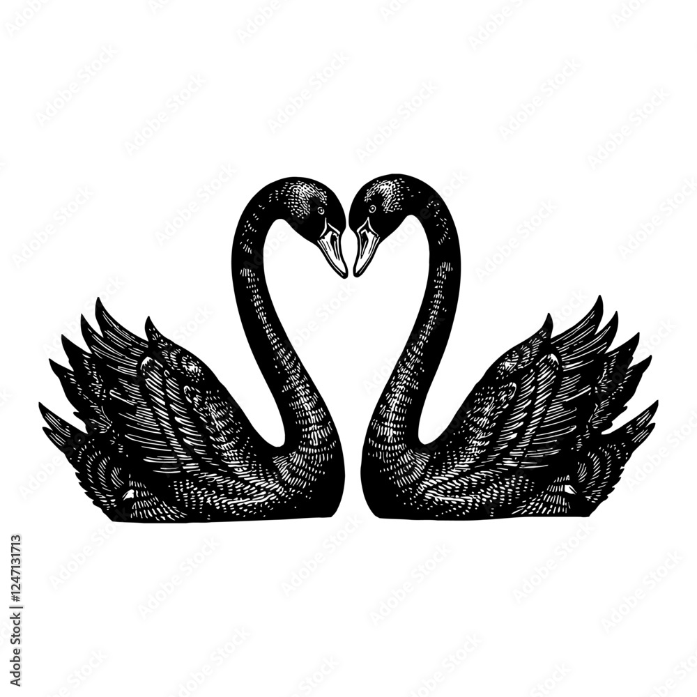 Obraz premium Two Black Swans Forming a Heart Shape with Love in Black and White Outline Line Art Drawing