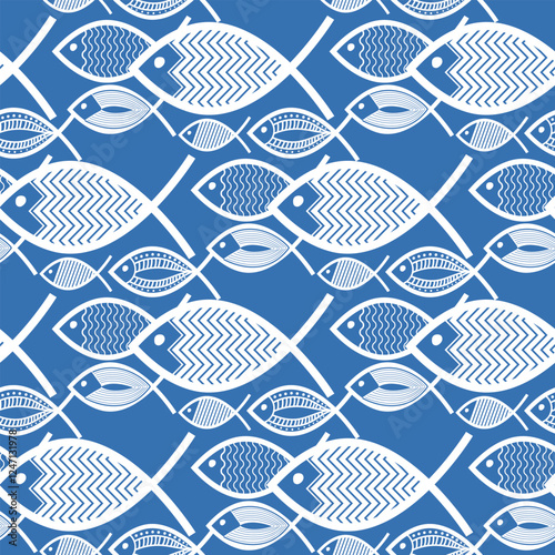 drawing fish white blue ocean sea waves seamless pattern, marine theme for decoration wallpaper, banner, wrapping paper, seafood, restaurant	