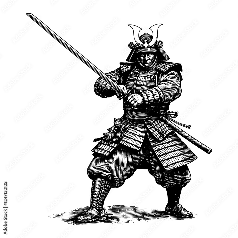 Japanese Samurai Warrior with Katana Sword in Fighting Stance Black and White Outline Line Art Drawing Japanese Samurai Warrior with Katana Sword in Fighting Stance Black and White Outline Line Art Drawing