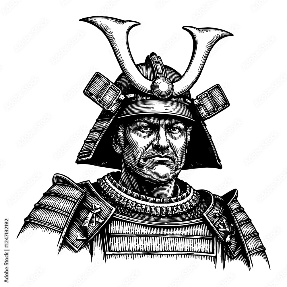 Obraz premium A Detailed Portrait of a Japanese Samurai Warrior Black and White Outline Line Art Drawing
