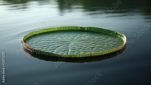 Large green lily pads floating on calm water in a tranquil natural setting du...