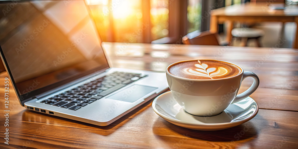 A freshly brewed cup of coffee with intricate latte art sits next to a sleek laptop on a wooden table, illuminated by warm sunlight from the afternoon A freshly brewed cup of coffee with intricate latte art sits next to a sleek laptop on a wooden table, illuminated by warm sunlight from the afternoon