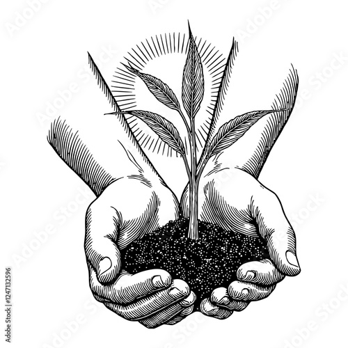 Plant with Soil on Hands Black and White Outline Line Art Drawing with Sunburst Shining Effect