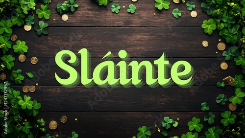 St. Patrick’s Day Rustic Wooden Background with Clovers, Gold Coins, and “Sláinte” Text photo