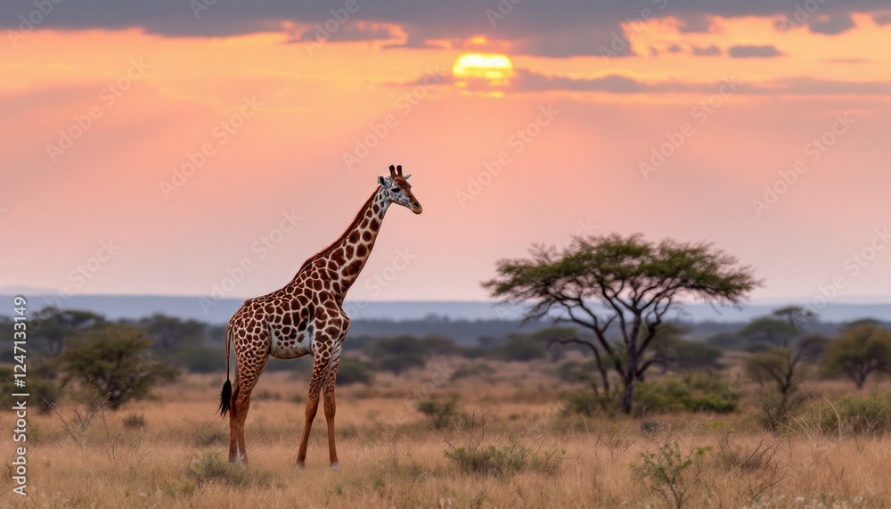 Obraz premium African Giraffe in front of an acacia tree at sunset