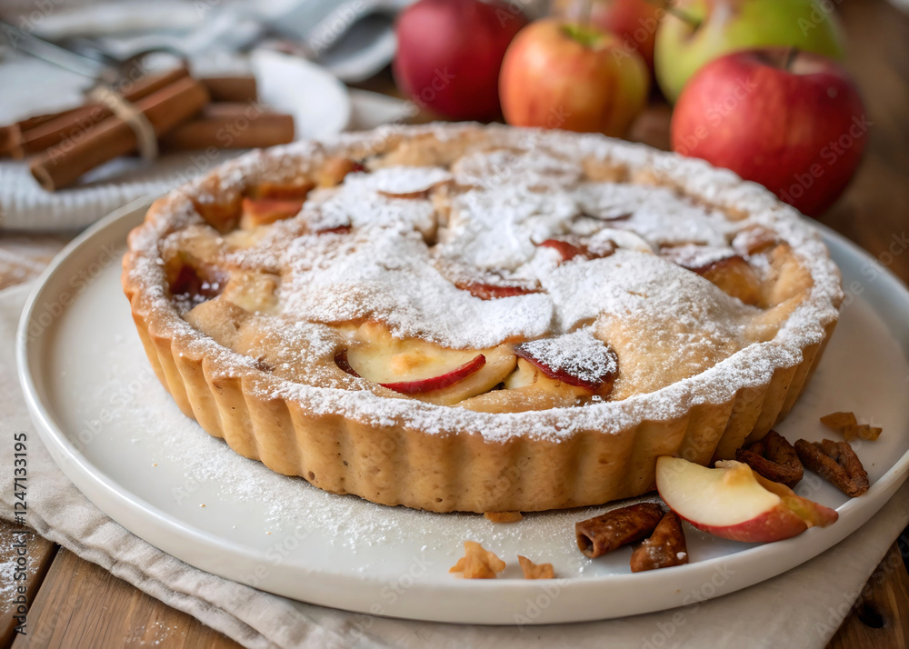 A rustic wooden table adorned with a freshly baked apple pie, its golden-brown crust crumbly and dusted with a light dusting of powdered sugar. Surrounding the pie are fresh apples in varying shades o A rustic wooden table adorned with a freshly baked apple pie, its golden-brown crust crumbly and dusted with a light dusting of powdered sugar. Surrounding the pie are fresh apples in varying shades o