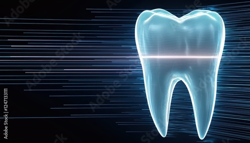 Digital dentistry visualization of a tooth with an exposed nerve system, enhanced by neon-like lines illustrating high-tech solutions photo