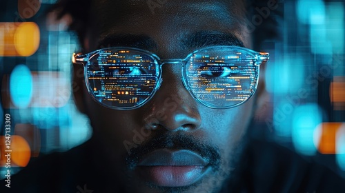 Wallpaper Mural A close-up of a person with glasses reflecting digital data and code. Torontodigital.ca