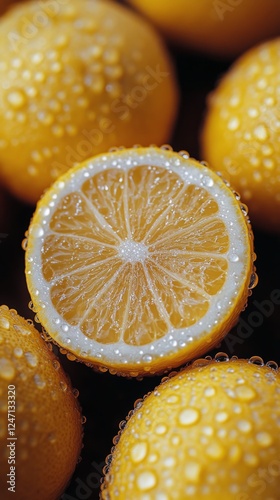 Freshly picked lemons glistening with water droplets in a vibrant orchard set...