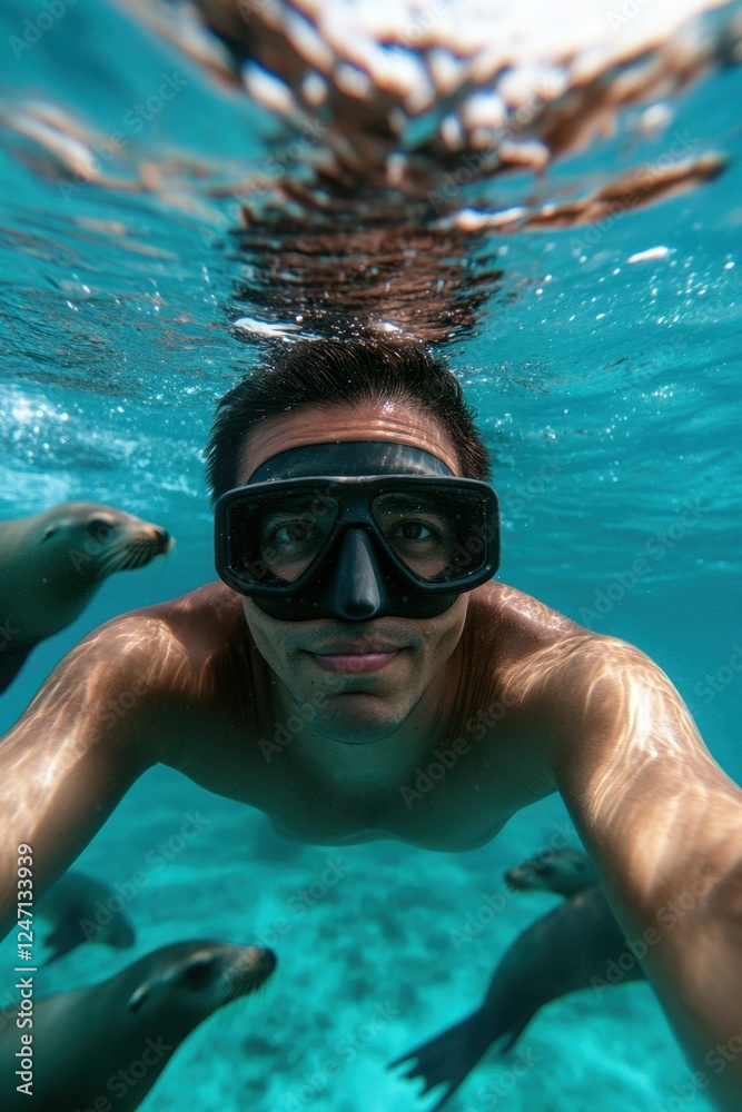 Fototapeta premium World Snorkeling Day Young caucasian male snorkeling with sea lions in crystal clear ocean waters
