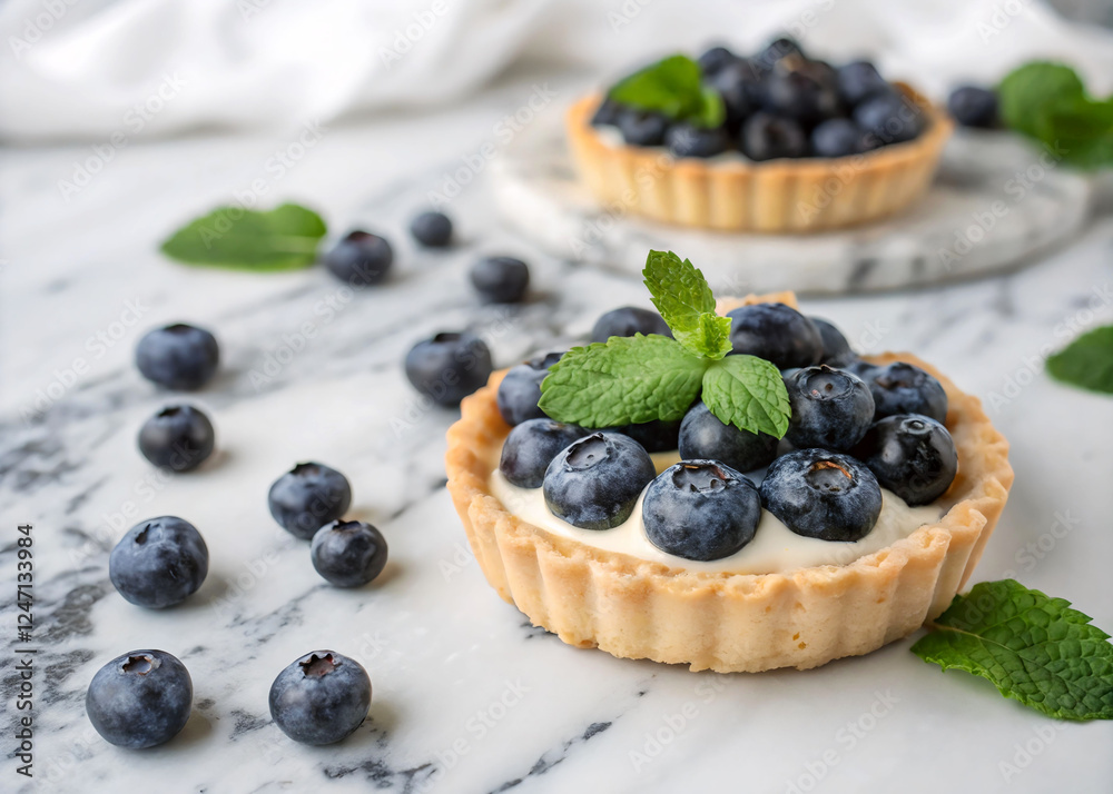 A close-up view of a marble surface adorned with freshly made blueberry tarts, each topped with a sprig of mint. The tarts have a golden-brown crust, and the blueberries are a deep, vibrant blue. The A close-up view of a marble surface adorned with freshly made blueberry tarts, each topped with a sprig of mint. The tarts have a golden-brown crust, and the blueberries are a deep, vibrant blue. The