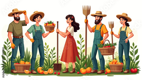 Agricultural worker set. Farmers, countryside rural characters, farming. Happy people during farm and garden works with crops, harvest, shovel. Flat vector illustrations isolated on white background