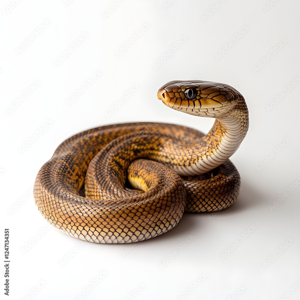 A coiled snake with brown and tan scales rises its head, gazing ahead. The snake sits on a white surface with subtle lighting creating slight shadows. A coiled snake with brown and tan scales rises its head, gazing ahead. The snake sits on a white surface with subtle lighting creating slight shadows.