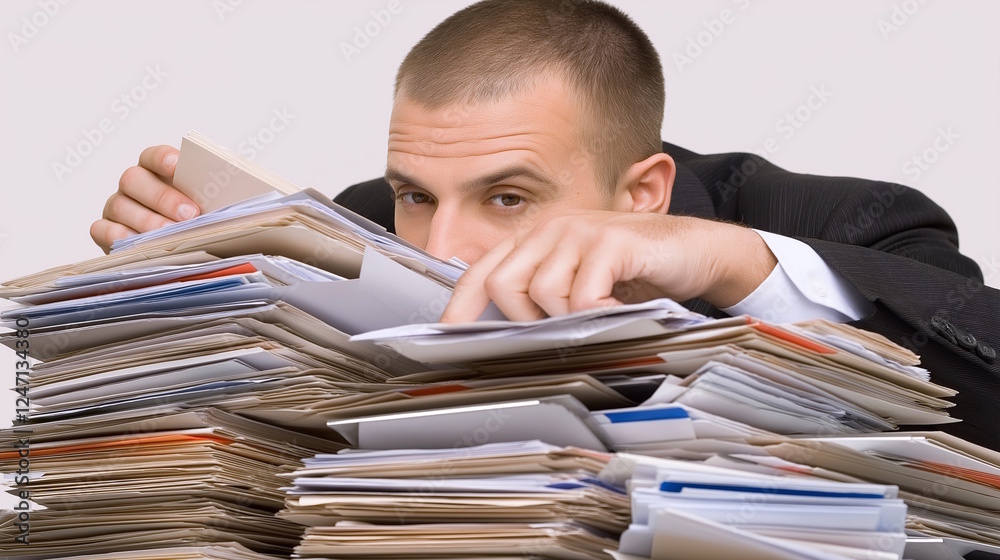 Young caucasian male buried in a pile of papers at a desk in an office Young caucasian male buried in a pile of papers at a desk in an office