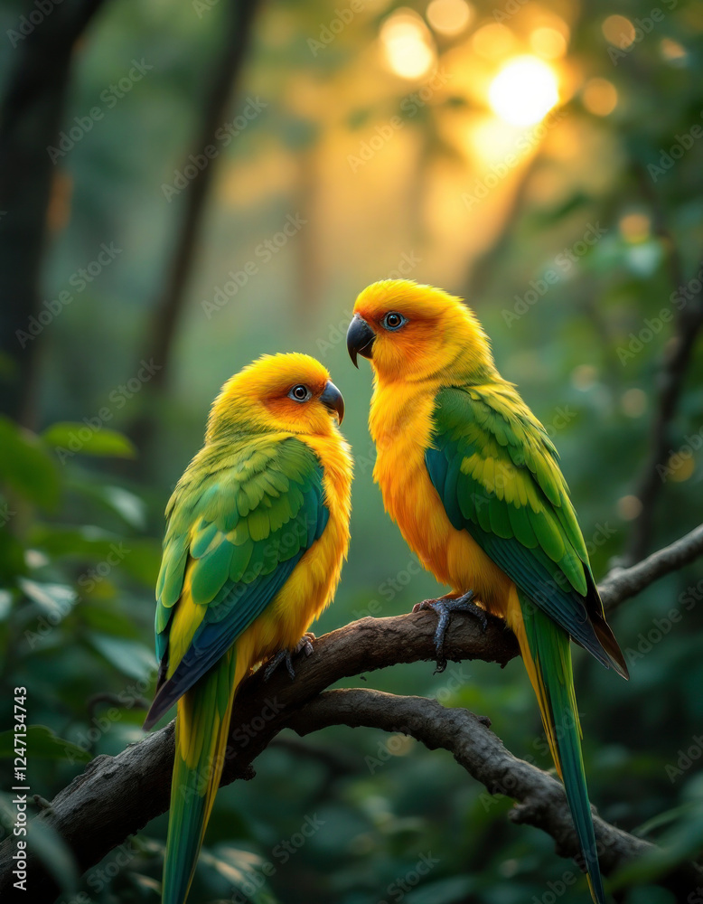 Couple of Sun Conure Parrot perching on a branch Couple of Sun Conure Parrot perching on a branch