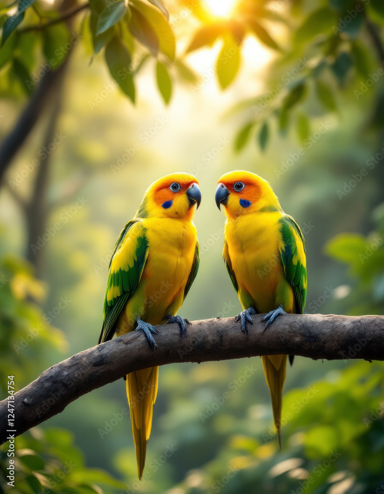 Obraz premium Couple of Sun Conure Parrot perching on a branch