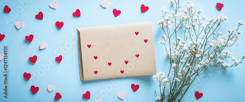 Valentine's Day greeting card with hearts scattered around it and flowers beside, on a blue background, symbolizing love and affection. Perfect for Valentine's Day messages. photo