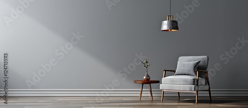 Wallpaper Mural Gray interior featuring armchair, side table, hanging lamp, and empty wall. Modern and minimalist style. Torontodigital.ca