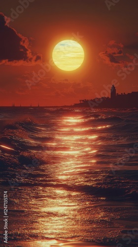 Vibrant sunset reflection on water with city skyline in the distance