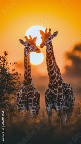 Two giraffes share a moment against a vibrant sunset in the savanna landscape