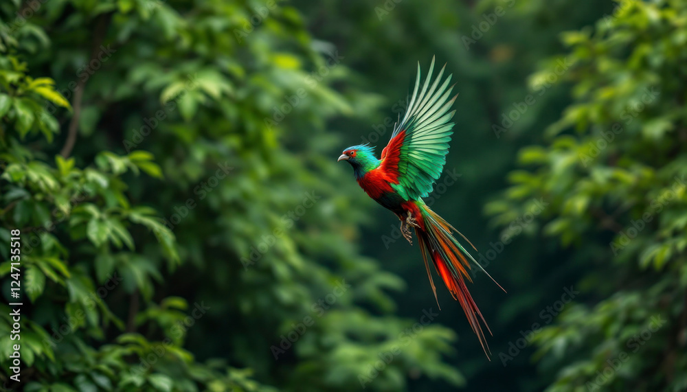 Naklejka premium Wildlife scene from tropical nature. bird in the forest in flight. Scarlet Macaw, Ara macao, in tropical forest, Costa Rica.