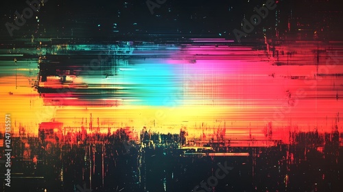 Vibrant Neon Digital Glitch Cityscape with Surreal Abstract Patterns and Futuristic Lighting Effects