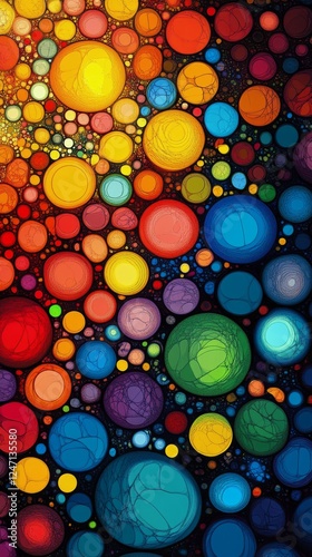 Colorful abstract representation of cosmic spheres and galaxies in vibrant hues