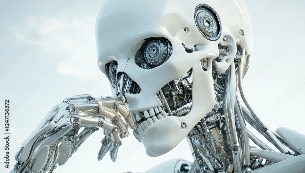 Fototapeta premium A humanoid robot with a sleek, metallic design contemplates advancements in AI transparency and eco-tech innovation while appearing thoughtful and engaged with its environment