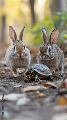 Rabbits racing alongside a turtle in a dusty outdoor environment during dayli...