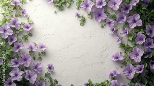 Vibrant purple flowers and greenery create a beautiful decorative frame on a ...