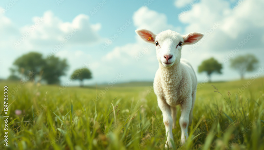 Obraz premium Lamb is standing between dandelions