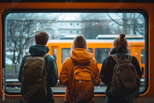 Friends wait for train at subway station as rain creates a blurred backdrop photo