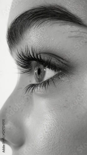 Close-up view of a woman's eye showcasing detailed eyelashes and deep gaze in...
