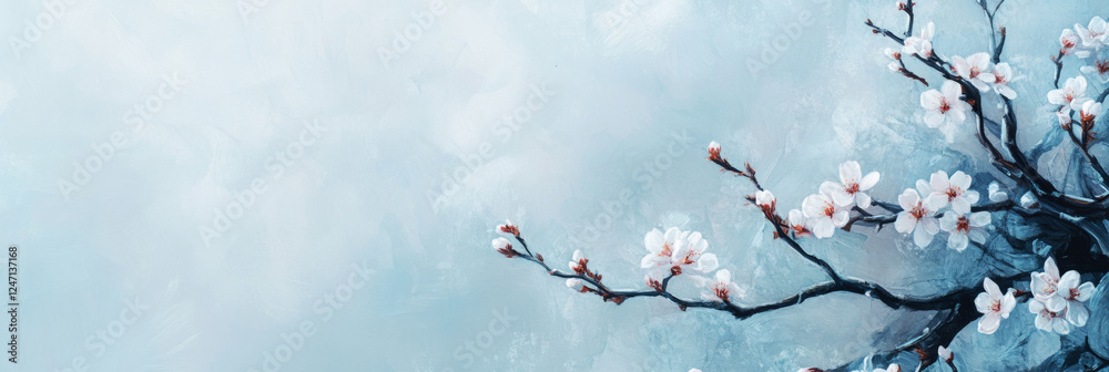 The lush cherry blossom branch enhances the soft pastel background, symbolizing the elegance and purity of spring in a calm, peaceful setting, banner The lush cherry blossom branch enhances the soft pastel background, symbolizing the elegance and purity of spring in a calm, peaceful setting, banner