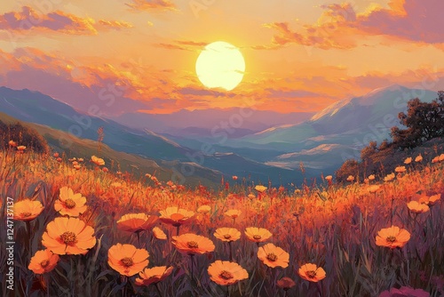 Vibrant sunset over a field of blooming flowers in a tranquil mountain landscape