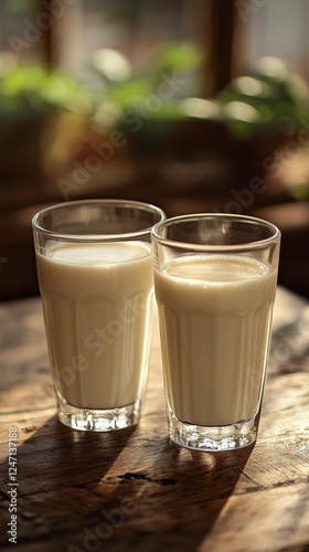 Two glasses of creamy beverage on a rustic wooden table in a cozy interior se...