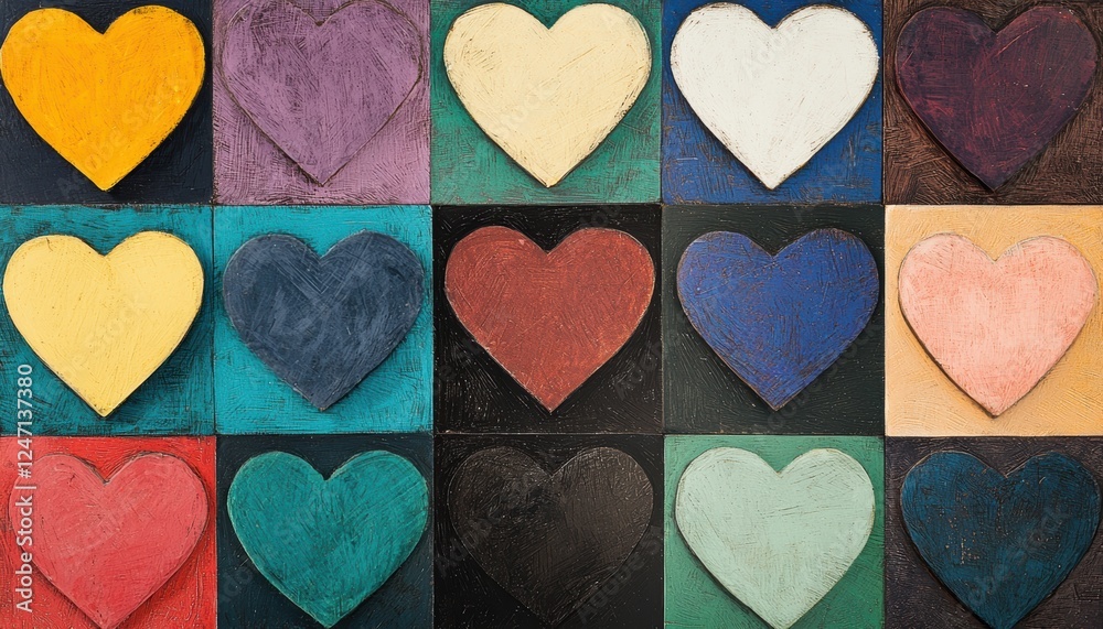 Obraz premium A whimsical display of sketchy, colorful hearts arranged in a structured yet artistic grid, exuding warmth and creativity
