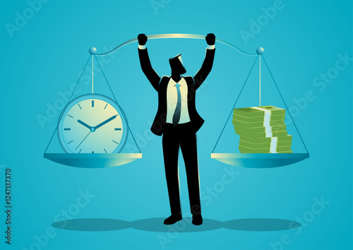 Businessman stands confidently, balancing a scale with money on one side and a clock on the other. Represents the trade off between time and wealth and work life balance