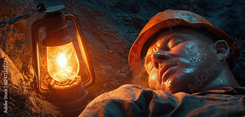 A weary coal miner resting near a lantern-lit cavern, face covered in coal dust, exuding a sense of exhaustion yet tranquility photo