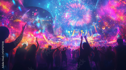 A vibrant carnival at night, with colorful lights, fireworks, and people dancing, in a lively and festive style, realistic photo